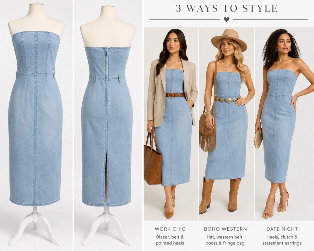 OneUp Jeans Strapless Denim Midi Dress